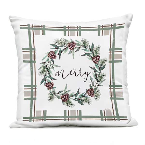 Merry Wreath on Green Plaid Green Square Outdoor Throw Pillow