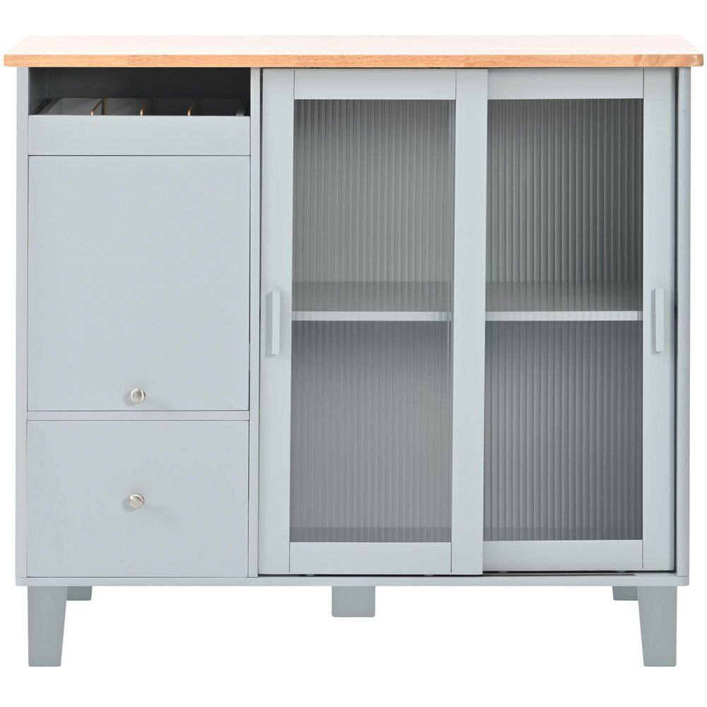 Grey Blue Rubber Wood Kitchen Cart with Drop Leaf and Adjustable Shelf