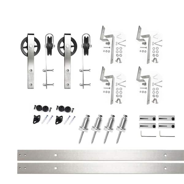 HOMACER 5.5 ft./66 in. Brushed Nickel Double Track Bypass Z-Shape Sliding Barn Door Hardware Kit - Spoke Wheel Design Roller