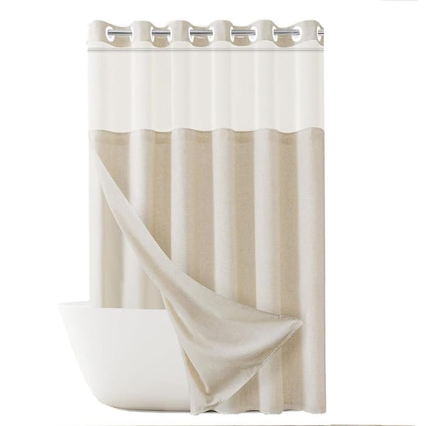 No Hooks Linen Textured Shower Curtain with Snap-in Liner Set 72x75 in Beige Decor with See Through Top Window Cream