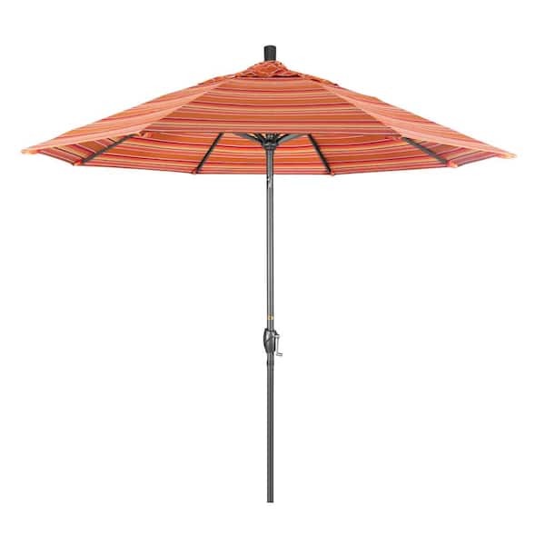 California Umbrella 9 ft. Hammertone Grey Aluminum Market Patio Umbrella with Push Button Tilt Crank Lift in Dolce Mango Sunbrella