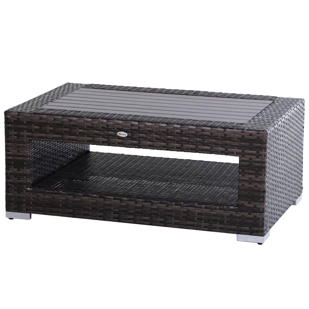 Backyard Rust-Fighting Steel Frame for All Weather for Outdoor Large Storage Space Brown Garden Outsunny Rattan Wicker Coffee Side Table with Double Lift Top Design Patio
