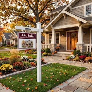 Solar Real Estate Sign Post with 2-LED Lights Adjustable PVC Yard Sign and Metal Stake for Open House Address Marker