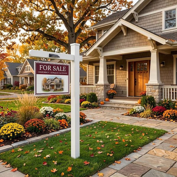 Solar Real Estate Sign Post with 2-LED Lights Adjustable PVC Yard Sign and Metal Stake for Open House Address Marker