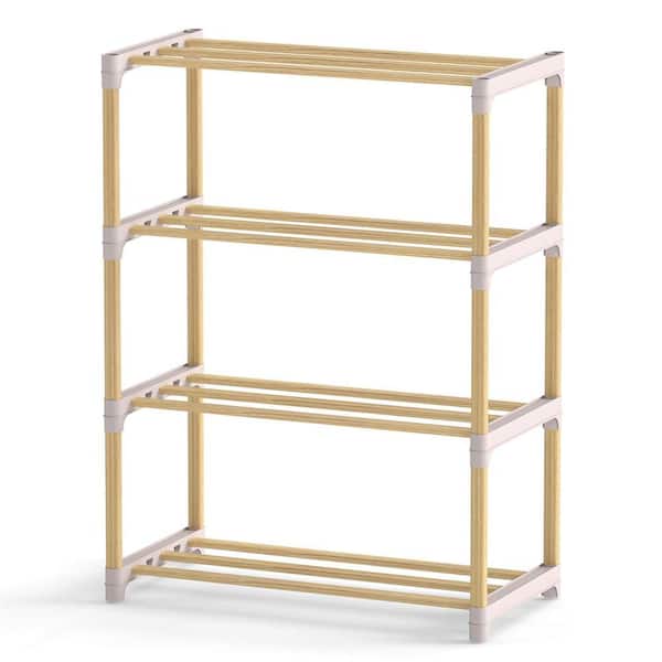 Solid Wood 26.5 in. H 12-Pair Shoe Rack 4-Tier Shoe Storage Organizer with Slatted Open Shelves Small