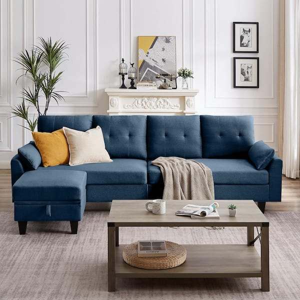 STICKON 101 in. W Slope Arms 4-Seat L Shaped Fabric Modern Sectional Sofa in Blue with Storage Ottoman and Side Bags