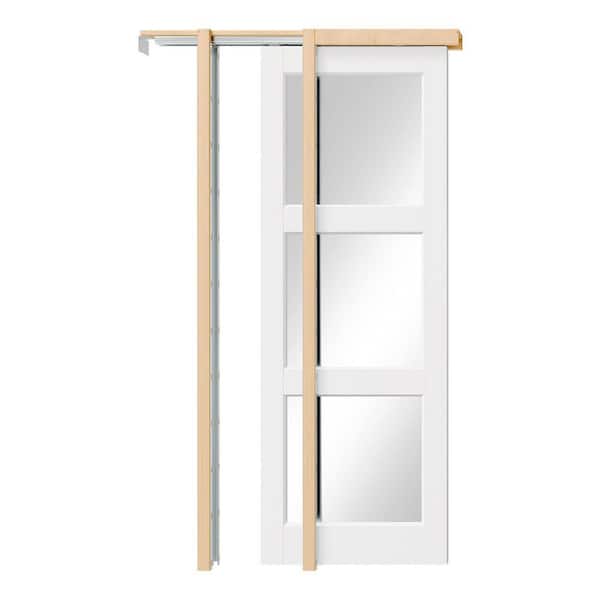 28 in. x 80 in. 3-Lite, Mirrored Glass, Solid Core, DIY Painted, White Primed, MDF Sliding Door with All Hardware
