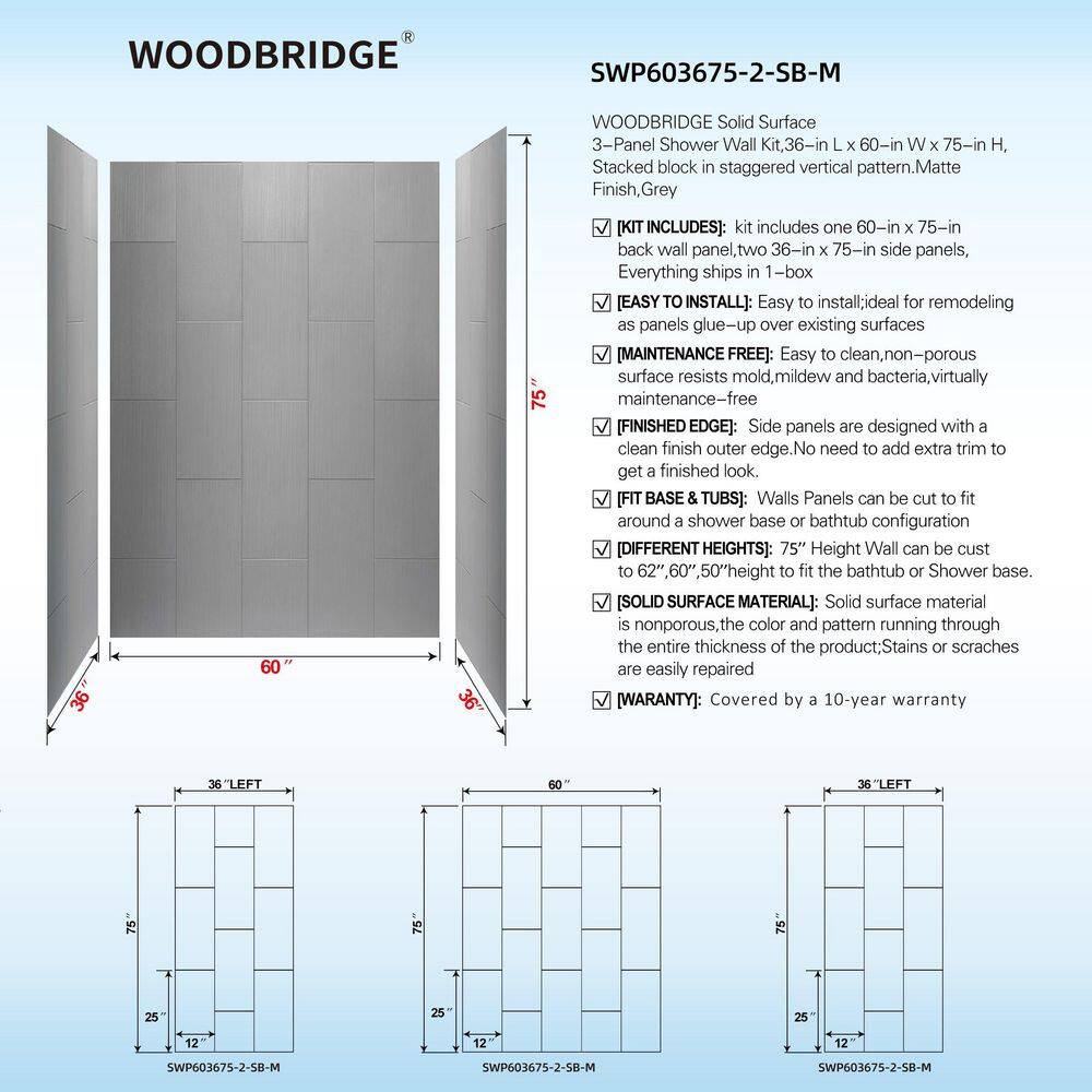 75" H x 60" W Matte Gray Composite Alcove Shower Wall Panels