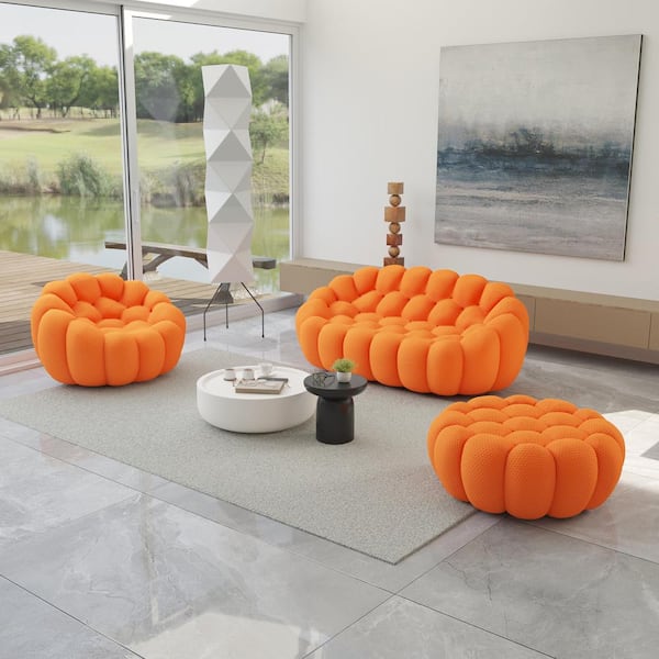 (3-Piece) Bubble Sofa, 78 in. Orange Mesh Fabric Armless Curved Sectional Sofa Set Loveseat Couch with Chair Ottoman