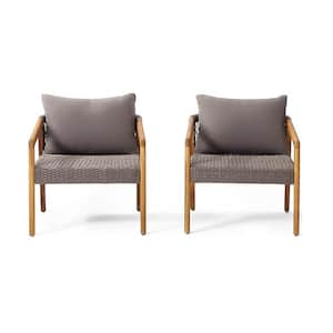 Teak Wicker Outdoor Lounge Chair with Gray Cushion (2-Pack)