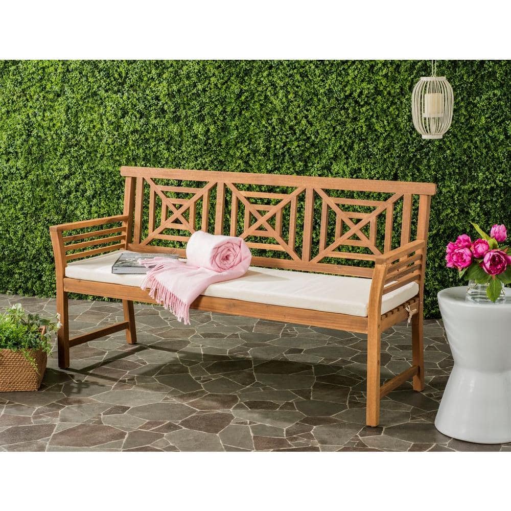 Tropical Villa-Inspired Teak Brown 3-Seat Garden Bench with Beige Cushion