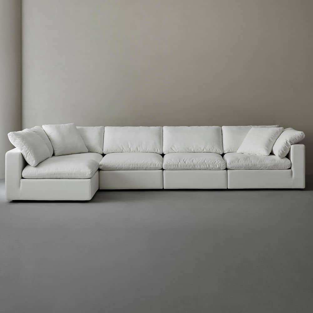 Modern 193 in. Wide Square Arm Linen Fabric Rectangle Sectional Sofa Combination Sofa 5 Seats in. Pearl White