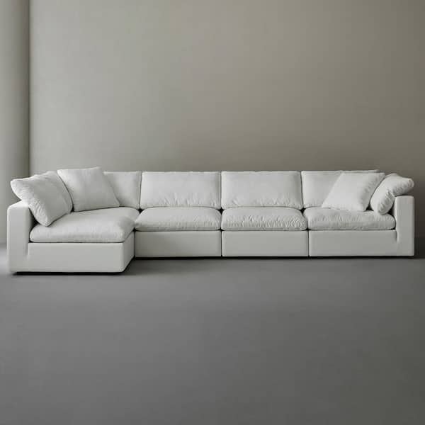 Modern 193 in. Wide Square Arm Linen Fabric Rectangle Sectional Sofa Combination Sofa 5 Seats in. Pearl White