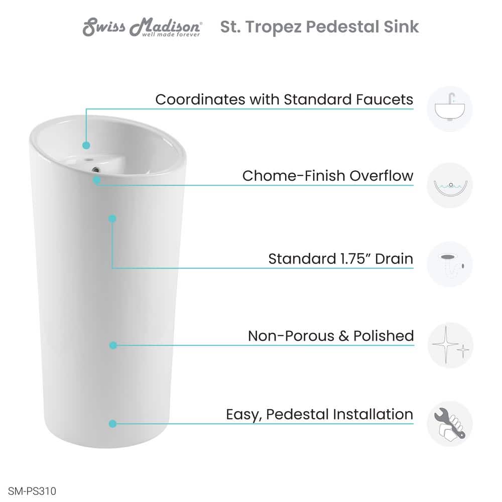 St. Tropez High Gloss White Ceramic Pedestal Sink