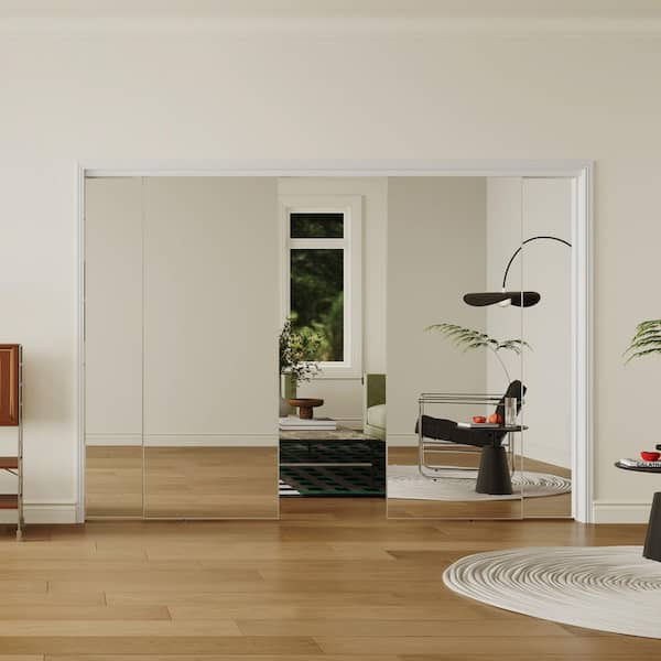 120 in. x 80 in. Full Lite MDF Silver Mirrored Glass Sliding Door with Aluminum Frame and Handles