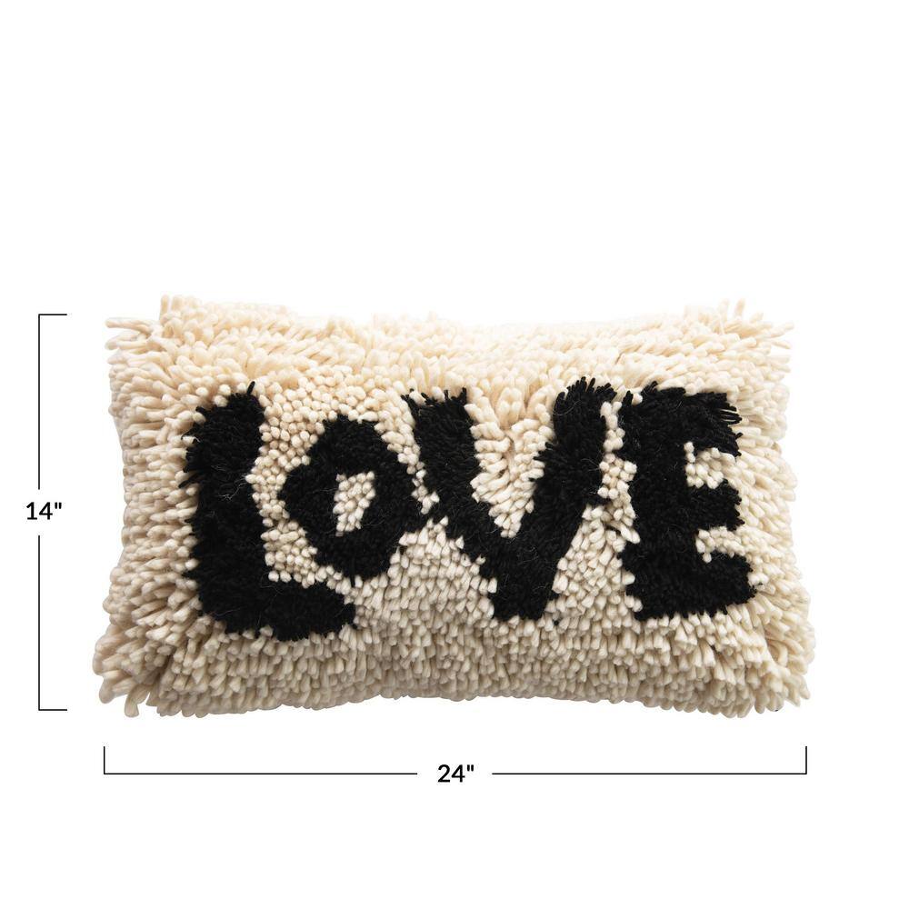 Black and Cream Woven Wool Shag Lumbar Pillow with Love Design