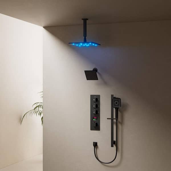 LED 4-Handle Rain 2-Spray Square 12 in. Dual Shower Head Ceiling Mount Fixed Handheld Shower Head in Matte Black 2.5GMP