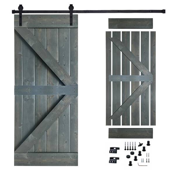 Akicon 36 in. x 84 in. Grey Painted Wood Sliding Door with Hardware Kit, Pre-Drilled Ready to Assemble