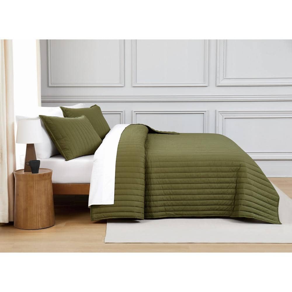 Olive Green Full Cotton Quilt Set with Polyfill