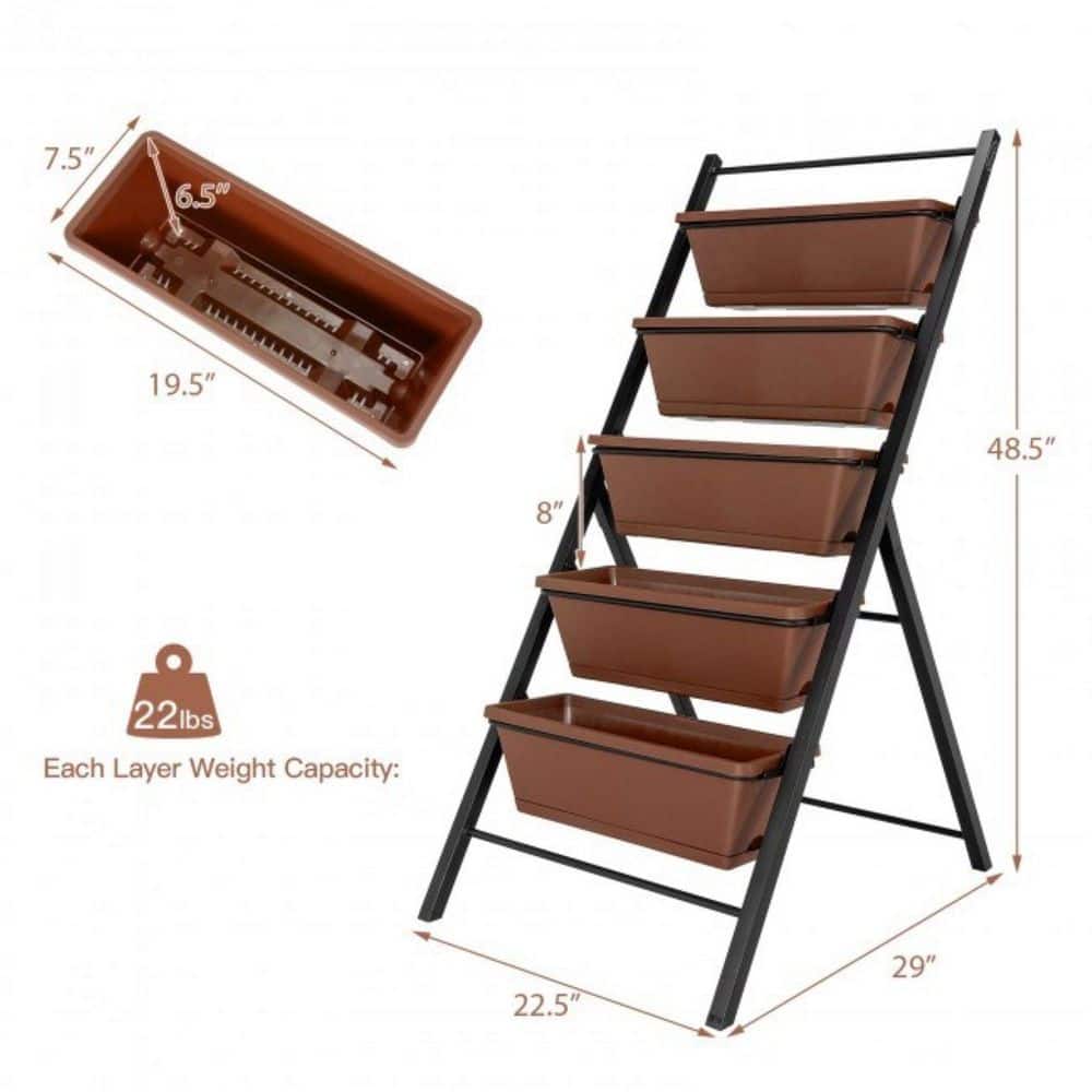 Brown 5-Tier Iron Vertical Garden Planter for Indoor/Outdoor Use