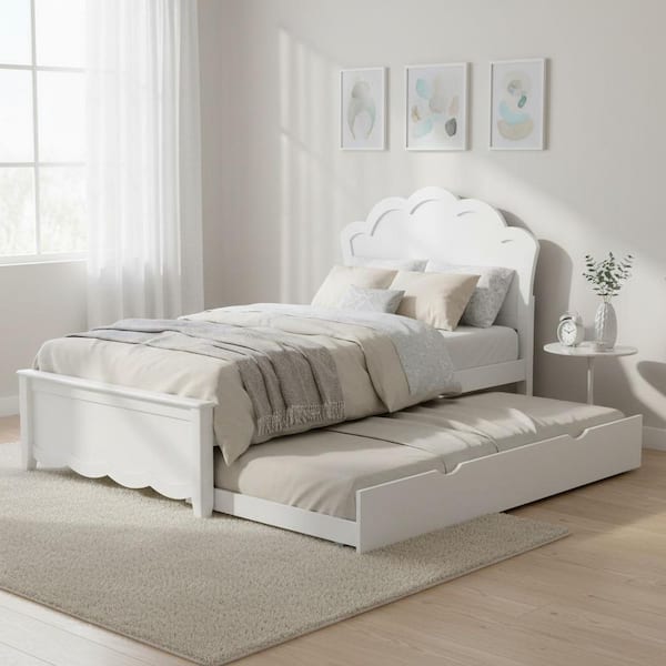 White Wood Frame Twin Size Platform Bed with Twin Size Trundle and Headboard