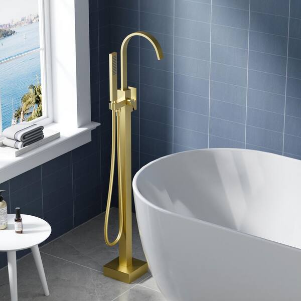 Single-Handle Floor-Mount Claw Foot Tub Faucet with Hand Shower in Gold