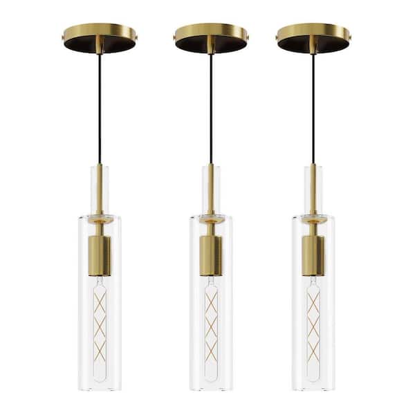 Modern Gold 1-Light Pendant Lights, Hanging Fixtures with Clear Striped Glass for Kitchen Island, No Bulbs, 3 Pack