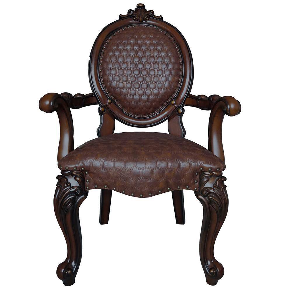 Elegant Faux Leather 25" Brown Wood Upholstered Arm Chair