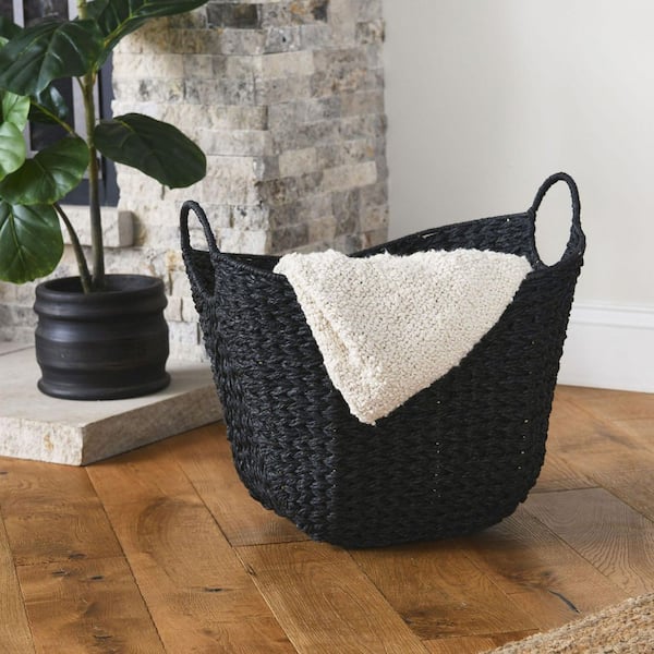 HOUSEHOLD ESSENTIALS Black Woven Paper Wicker Basket with Handles