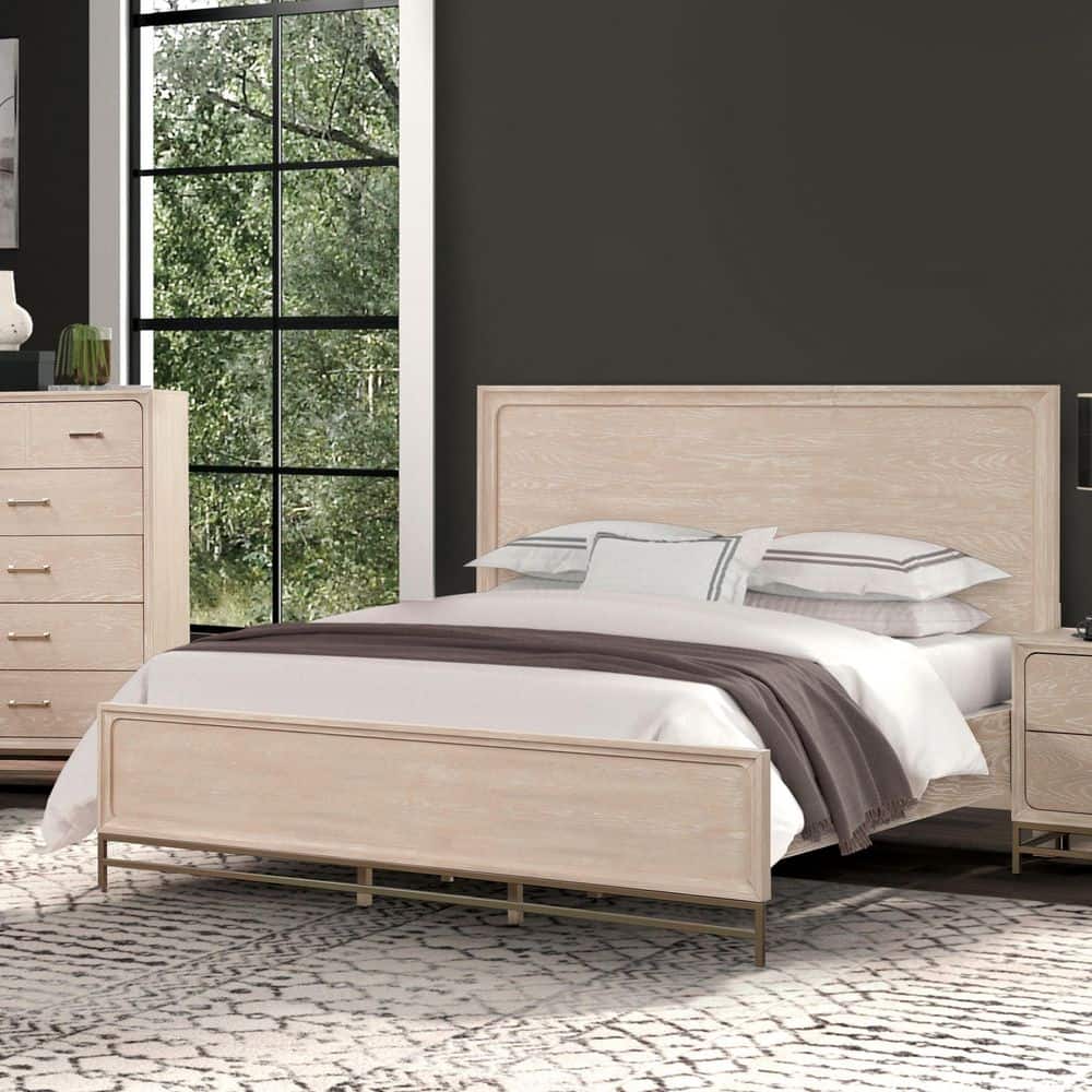 Lena Light Oak Beige Wood Frame King Platform Bed with Panel Footboard and Metal Legs