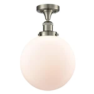 Beacon 10 in. 1-Light Brushed Satin Nickel Semi-Flush Mount with Matte White Glass Shade
