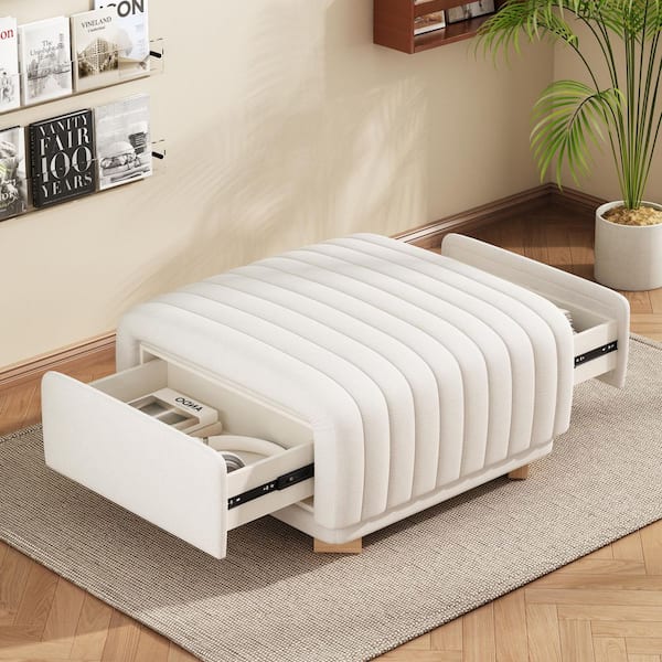 Basil Beige Chenille Upholstered Tufted Rectangle Accent Ottoman with Drawers, Wood Frame