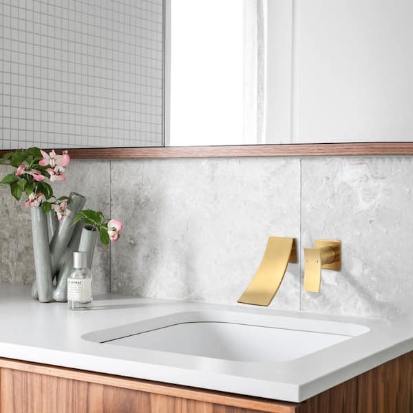 Brass Single Handle Wall Mounted Bathroom Sink Faucet, Waterfall Bathroom Basin Faucet in Brushed Gold