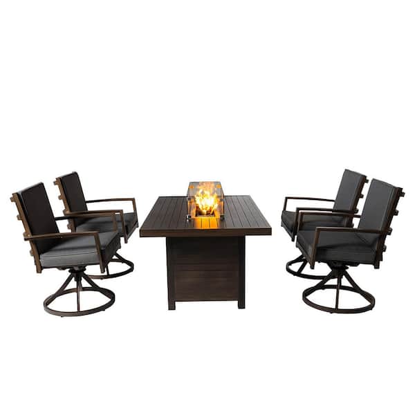 PATIOPTION Patio Dining Set, 5-Piece Aluminum Outdoor Dining Set with Gray Cushion and Fire Pit Table - 4 Swivel Chair