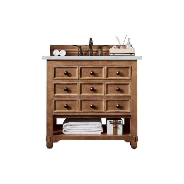 James Martin Vanities Malibu 36.0 in. W x 23.5 in. D x 35.3 in. H Bathroom Vanity in Honey Alder with Ethereal Noctis Quartz Top