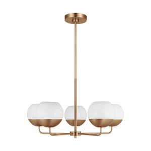 Alvin 5-Light Satin Brass Chandelier with LED Bulbs and Milk Glass Shades