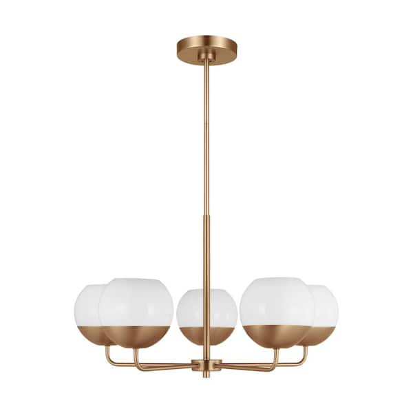 Generation Lighting Alvin 5-Light Satin Brass Chandelier with LED Bulbs and Milk Glass Shades