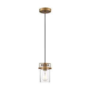Antebellum 60-Watt 1-Light Vintage Brass Shaded Mini Pendant Light with Clear Glass Shade and No Bulbs Included