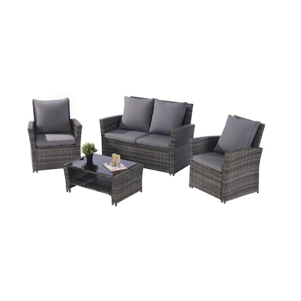 Sudzendf 4 Pieces Outdoor Patio Furniture Sets Garden Rattan Chair Wicker Set, Poolside Lawn Chairs with Dark Gray Cushions