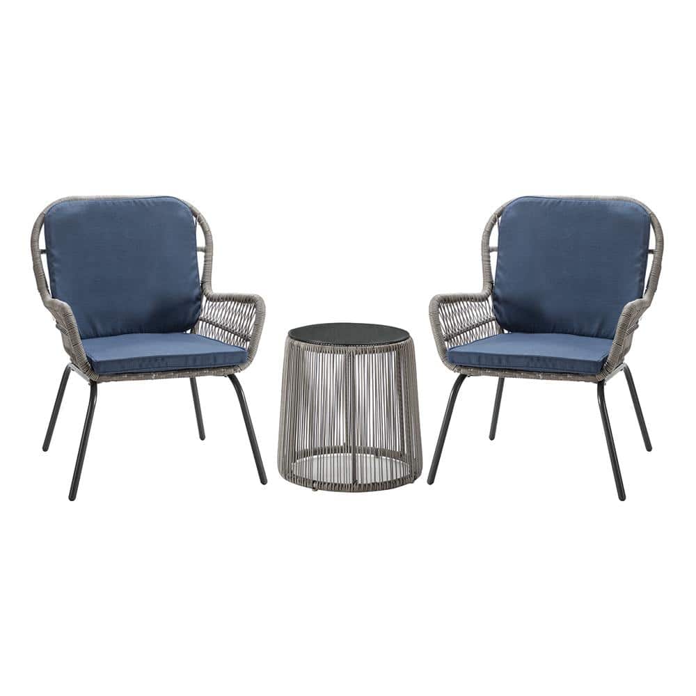 Black 3-Piece Wicker Outdoor Bistro Set with Blue Cushion