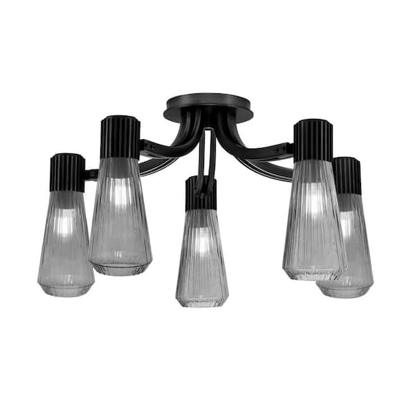Bryer 23.25 in. 5 Light Matte Black Semi Flush Mount with 4" Smoke Ribbed Glass Shades, No bulb included