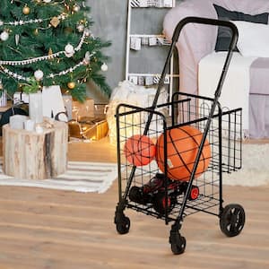 Black Metal Kitchen Cart Folding Shopping Basket Rolling Trolley with Adjustable Handle