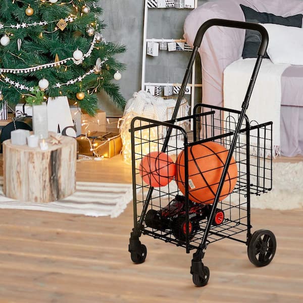 Bunpeony Black Metal Kitchen Cart Folding Shopping Basket Rolling Trolley with Adjustable Handle