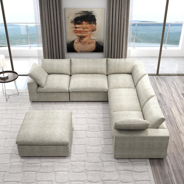 6-Piece Light Brown Linen Modular Free Combination Sectional Sofa Living Room Set with Removable Covers and Ottoman