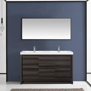 60 in. W x 20 in. D x 35 in. H Freestanding Bath Vanity in Grey Oak with White Glossy Resin Top