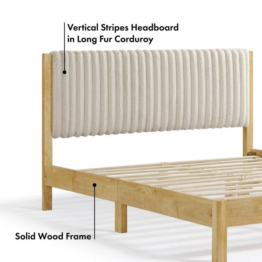 Alder Light Brown Rubberwood Queen Bed with Upholstered Headboard