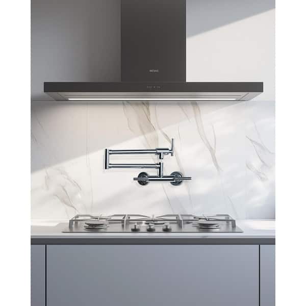 Wall Mount 2-Hole Pot Filler with Hot and Cold Control and Folding Stretchable 3-Handle in Chrome