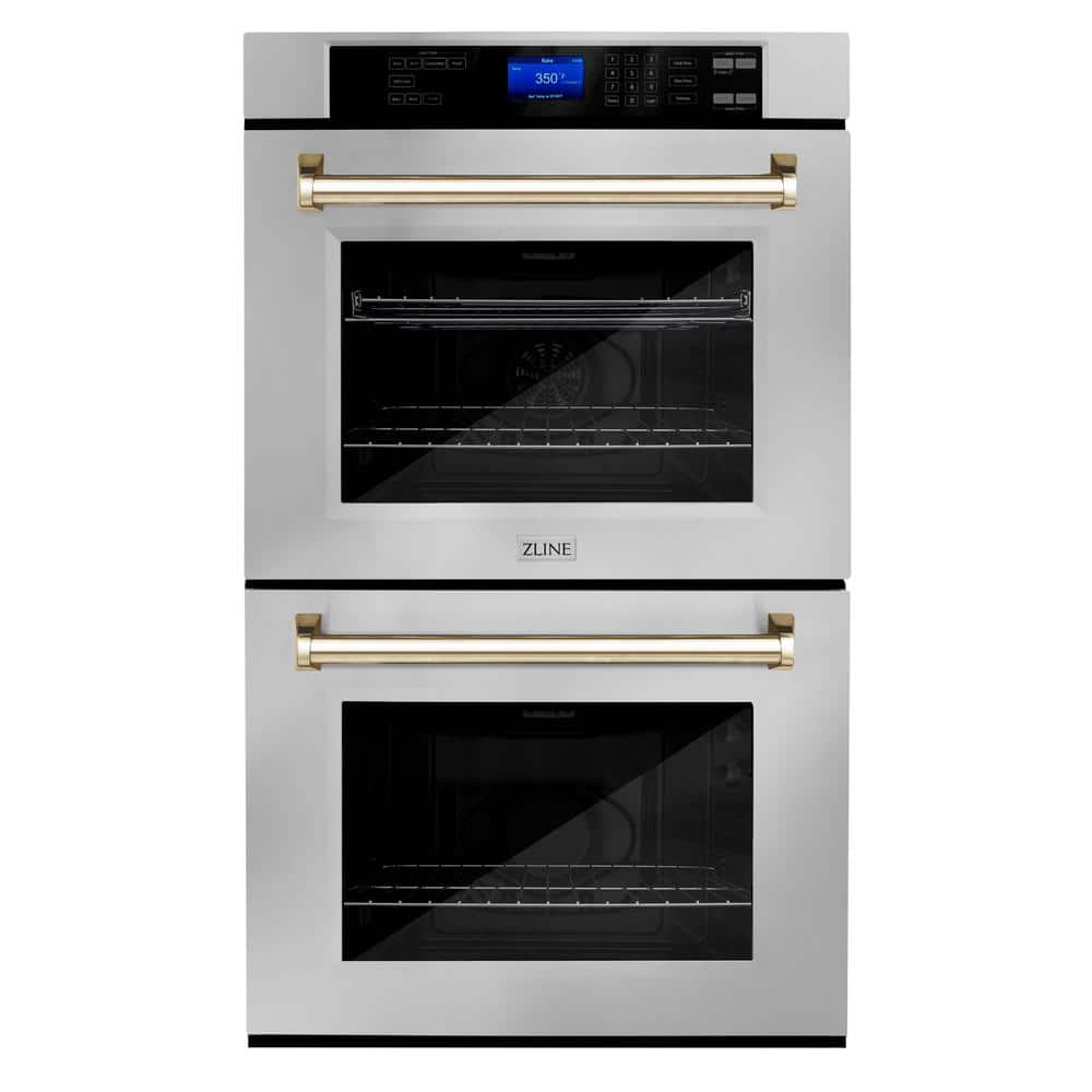 ZLINE Kitchen and Bath Autograph Edition 30 in. Double Electric Wall Oven with True Convection & Polished Gold Handle in Stainless Steel, Brushed 430 Stainless Steel & Polished Gold