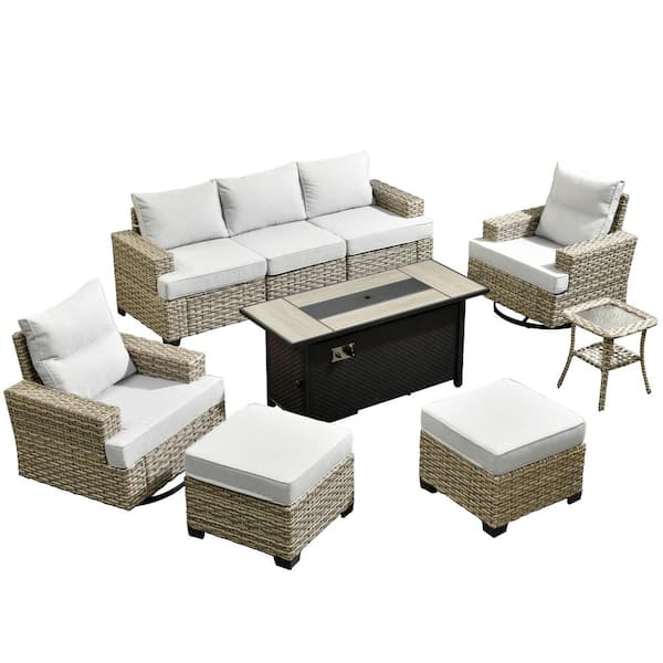 Kelleys 9-Piece Wicker Outdoor Patio Fire Pit Conversation Sofa Furniture Set with Swivel Chairs and Light Grey Cushions