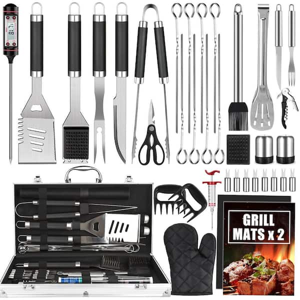 38-Piece Black BBQ Grill Accessories Set, Stainless Steel Grill Tools with Aluminum Case, Thermometer, Grill Mats